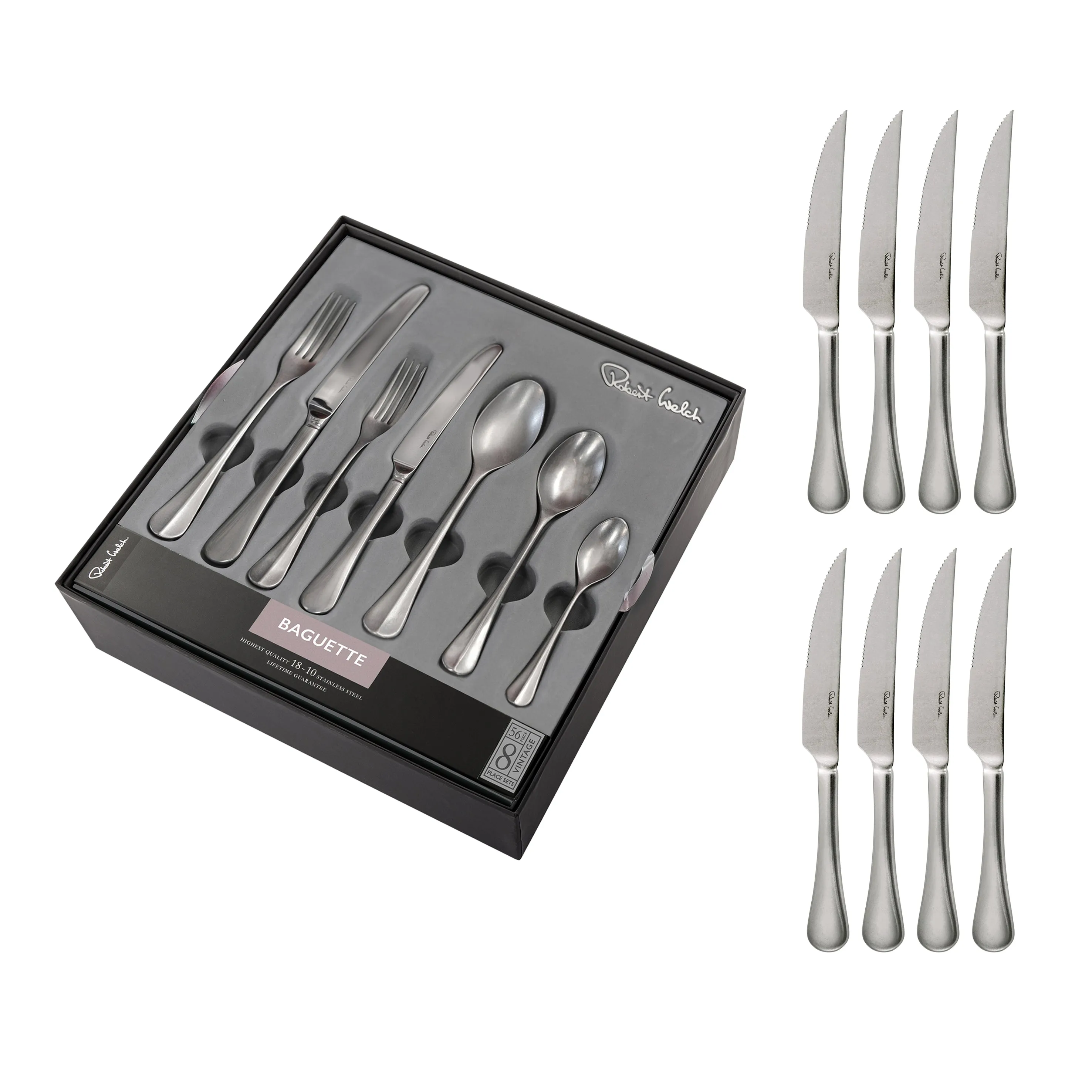 Baguette Vintage Cutlery Set, 56 Piece for 8 People - 8 Free Steak Knives