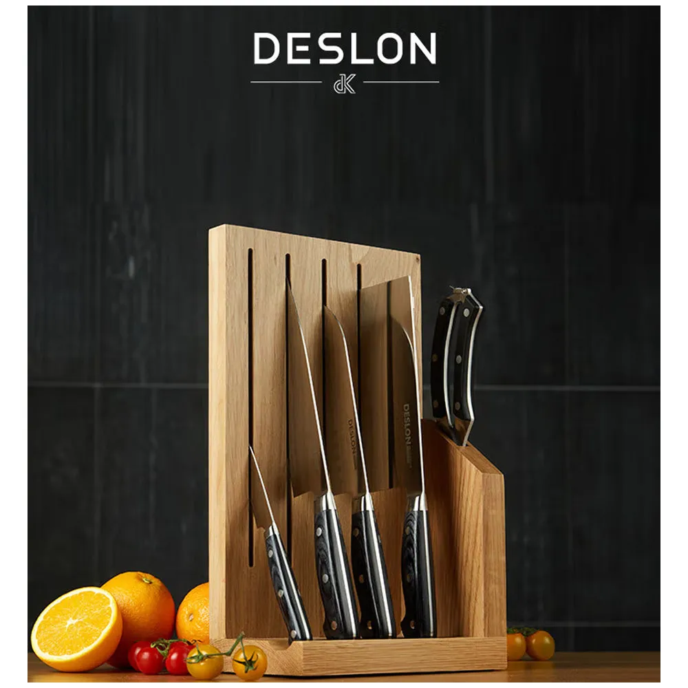 Deslon Premium 6 pieces Stainless steel knife block set Oak Wood Stand