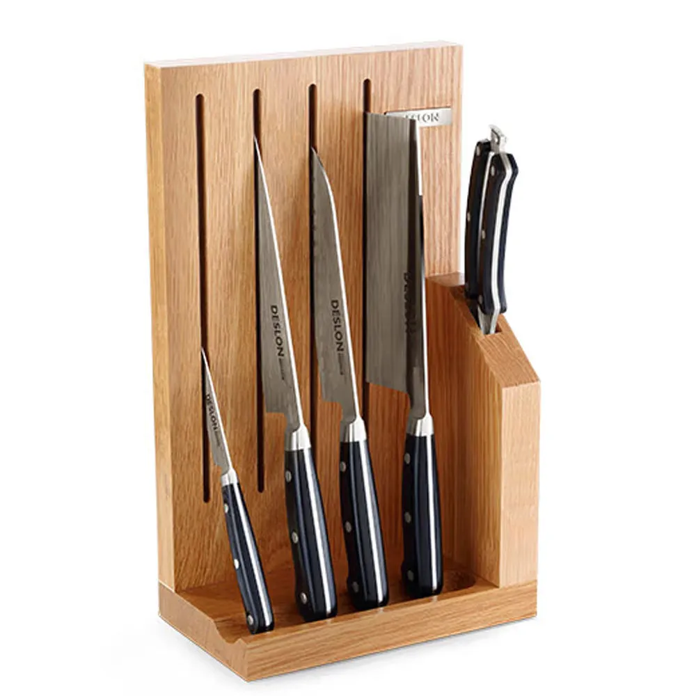 Deslon Premium 6 pieces Stainless steel knife block set Oak Wood Stand