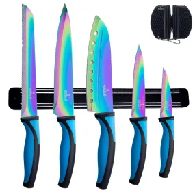 Kitchen Knife Set Kit 5 Dishwasher Safe Colorful Knives with Sharpener Blue