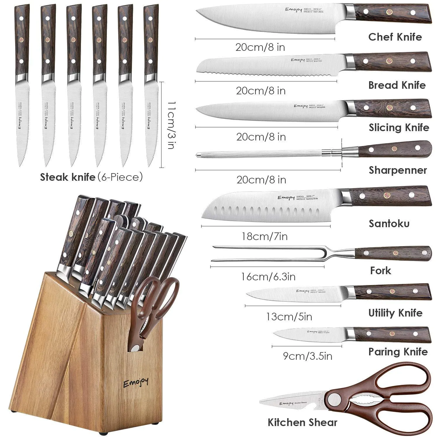 Knife Set, 16-Piece Kitchen Knife Set with Carving Fork, Precious Wengewood Handle for Chef Knife Set with Block, German Stainless Steel, Emojoy