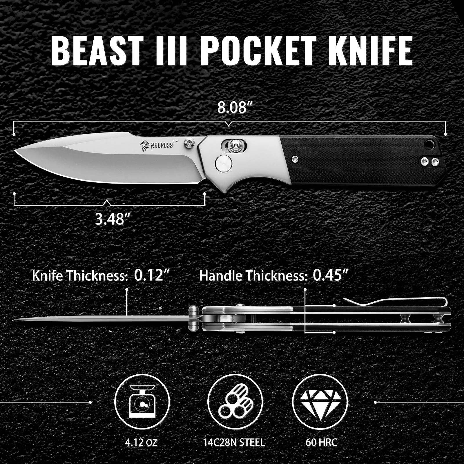 NedFoss BEAST III  Pocket Knife, 3.48" 14C28N Steel Blade Axis Lock EDC Knife