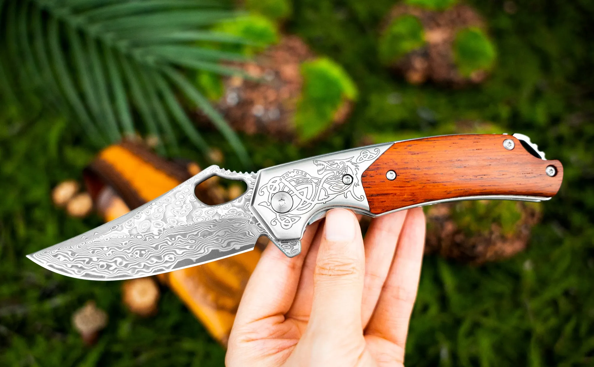 Nedfoss Pterosaur Damascus Pocket Knife, 3.5"VG10 Damascus Steel Blade and Sandalwood Handle, Comes with Leather Sheath