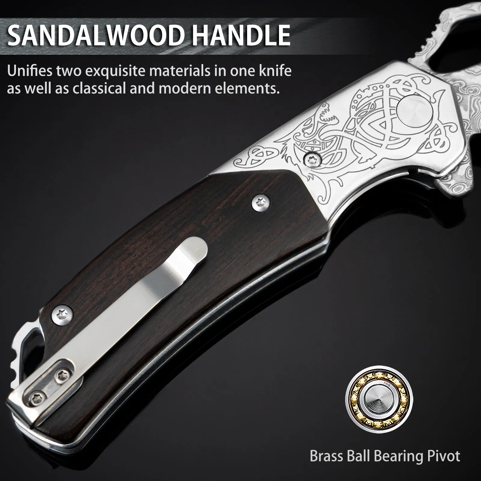 Nedfoss Pterosaur Damascus Pocket Knife, 3.5"VG10 Damascus Steel Blade and Sandalwood Handle, Comes with Leather Sheath