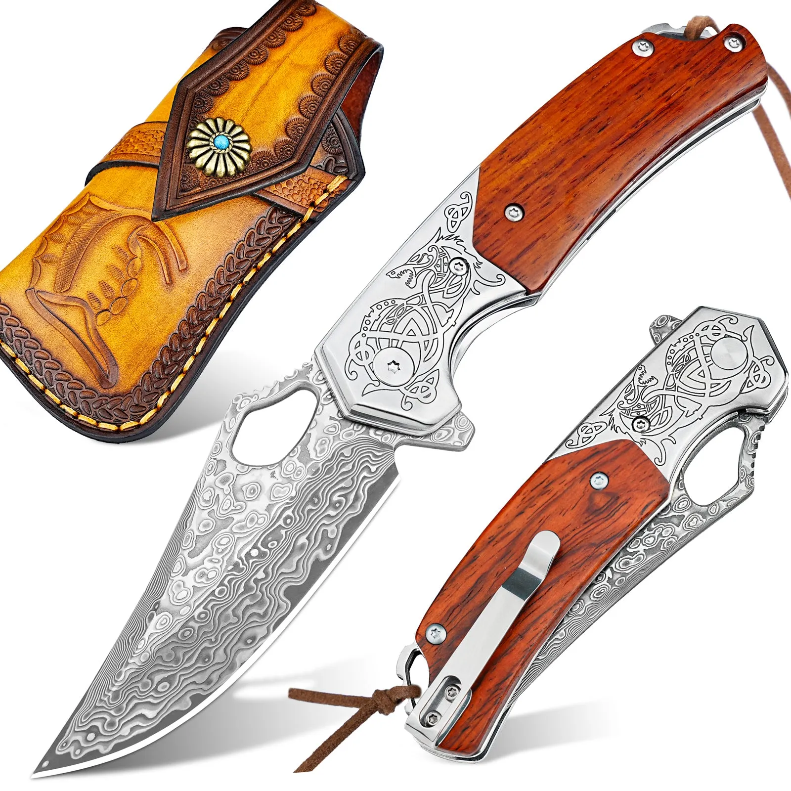 Nedfoss Pterosaur Damascus Pocket Knife, 3.5"VG10 Damascus Steel Blade and Sandalwood Handle, Comes with Leather Sheath