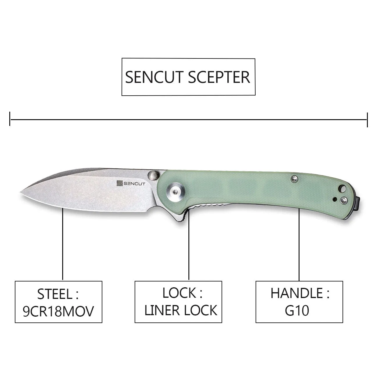 SENCUT Scepter Flipper &Thumb Stud Knife G10 Handle (2.97" 9Cr18MoV Blade) SA03C