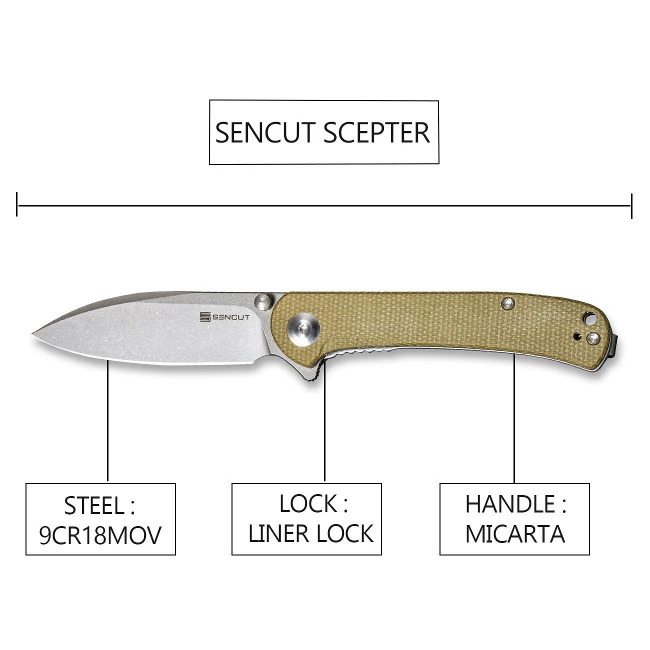 SENCUT Scepter Flipper &Thumb Stud Knife Micarta Handle (2.97" 9Cr18MoV Blade) SA03E