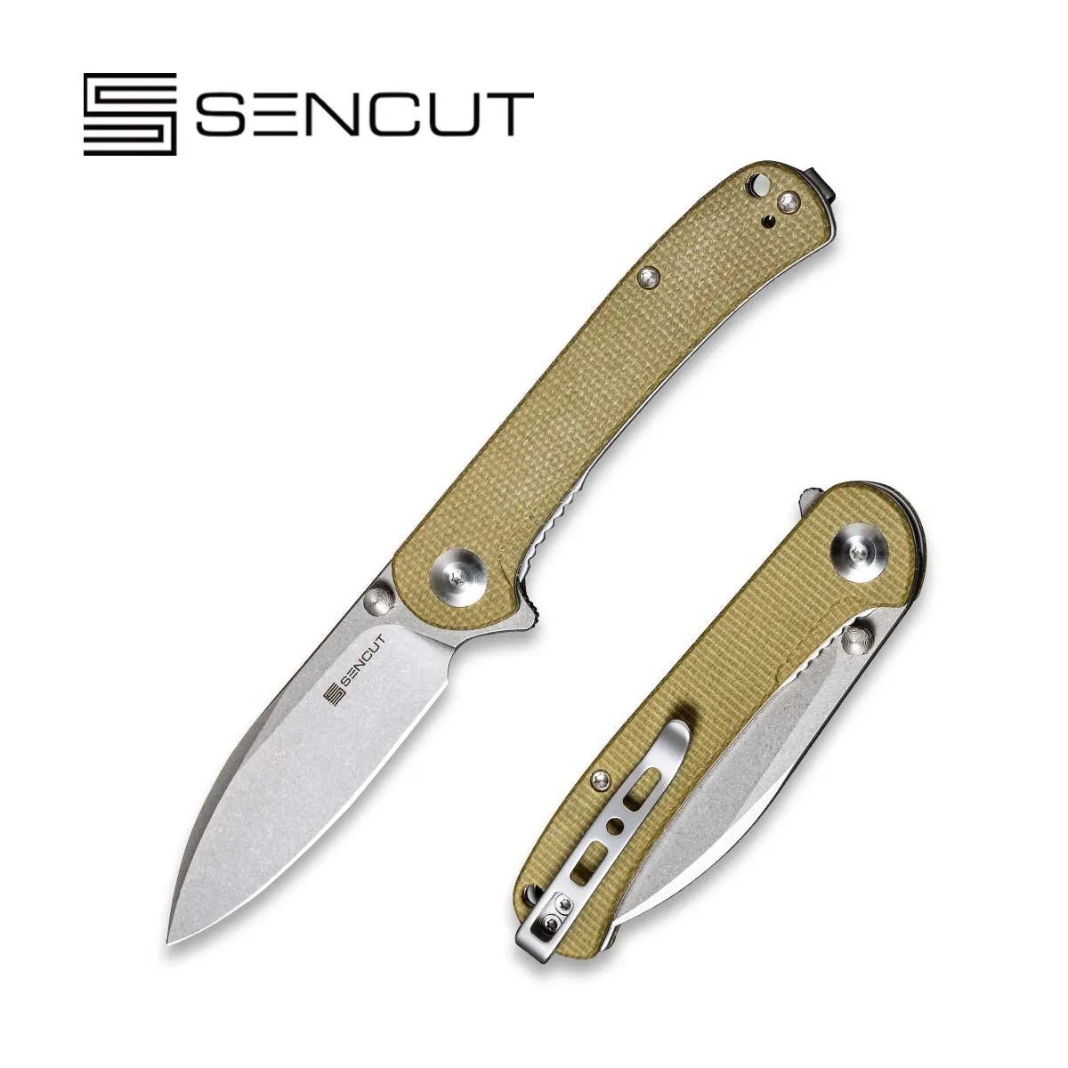 SENCUT Scepter Flipper &Thumb Stud Knife Micarta Handle (2.97" 9Cr18MoV Blade) SA03E