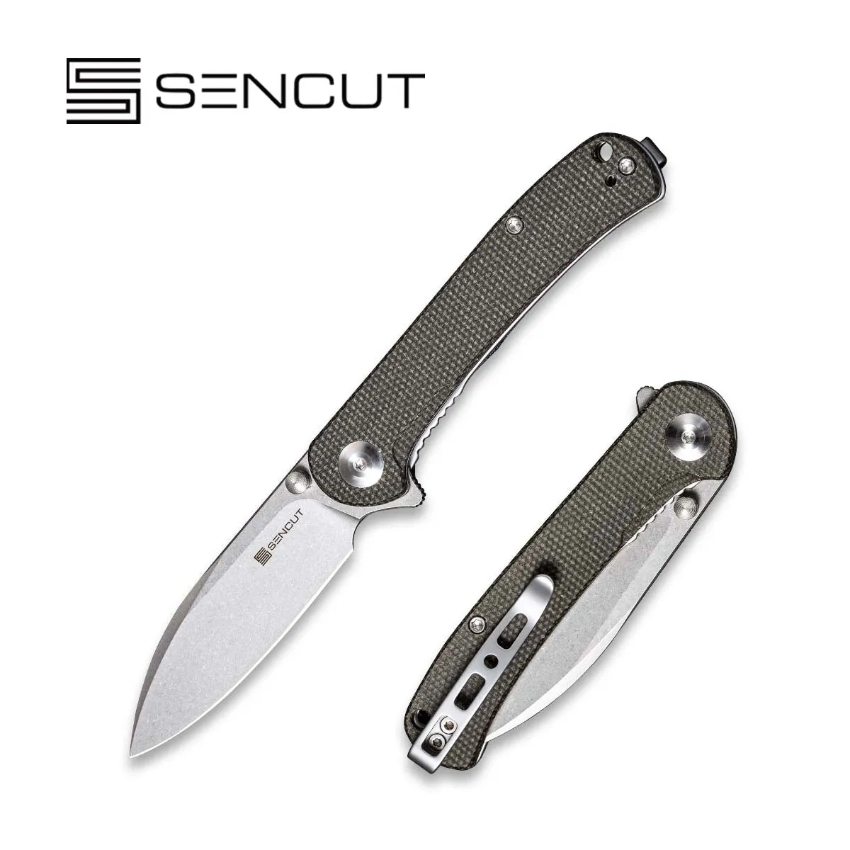 SENCUT Scepter Flipper &Thumb Stud Knife Micarta Handle (2.97" 9Cr18MoV Blade) SA03F