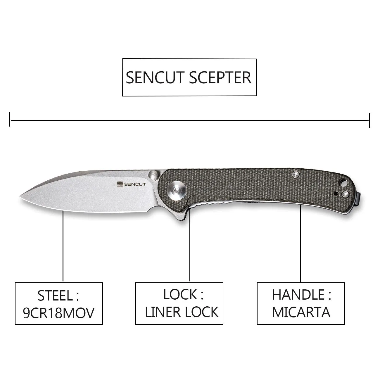 SENCUT Scepter Flipper &Thumb Stud Knife Micarta Handle (2.97" 9Cr18MoV Blade) SA03F